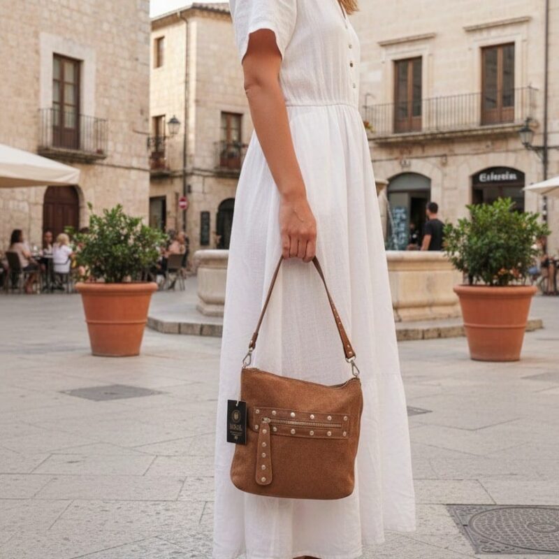 Bolso Bandolera Marsal – Piel Melocotón con Detalles Metálicos